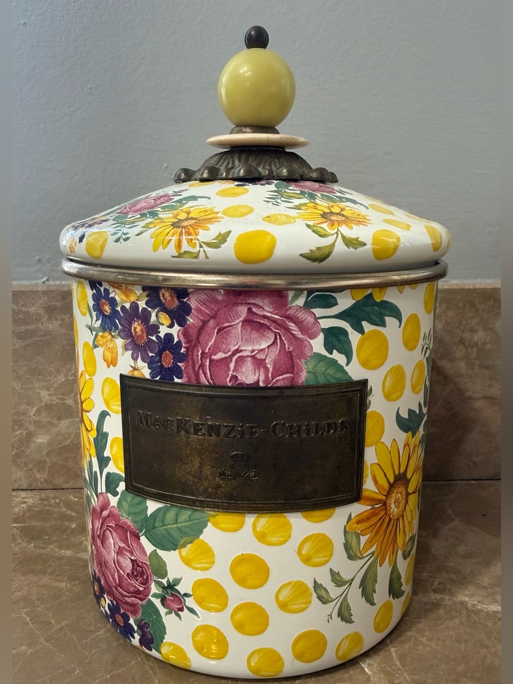 MacKenzie-Childs Yellow Polka Dot Floral Ceramic Canister